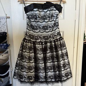 Jessica McClintock Black Lace Overlay Strapless Party Dress with Satin Bow